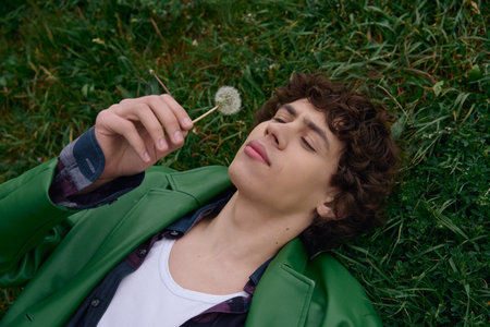 A young man lies on the grass, lost in thought, as he gently holds a dandelion puff in his hand.の写真素材