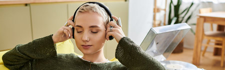 A young woman with short hair listens to music, immersed in a moment of tranquility at home.