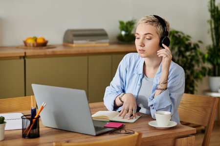 Beautiful young woman with short hair sits at a wooden table, focusing on her laptop and notepad.の写真素材