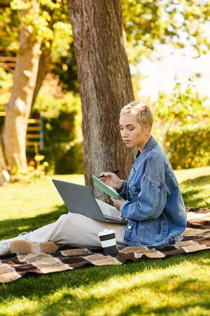 A young woman with short hair types on her laptop outdoors, surrounded by trees.