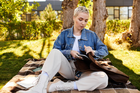 A young woman strolls through a vibrant outdoor space, radiating joy and serenity during her walk.