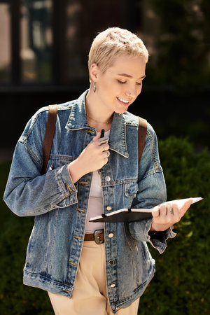 A young woman with short hair walks outdoors, reflecting on her notes in a peaceful setting.の写真素材