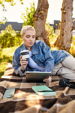 Young woman takes a stroll outdoors, her short hair catching the sunlight, savoring the moment.の写真素材
