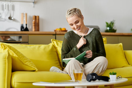 A cheerful woman relaxes on a yellow couch, absorbed in a book at home.の写真素材