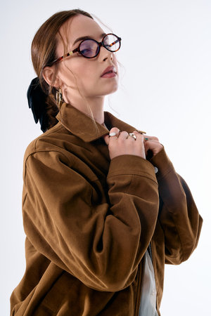 Confident young woman in a trendy outfit embodies modern fashion.