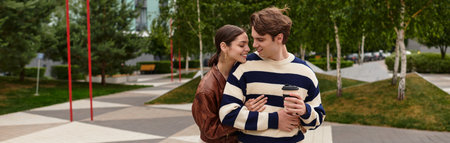 Two young lovers embrace, enjoying each others company and a warm drink in the park.