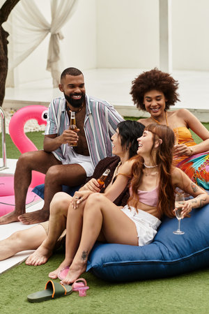 Young friends are having a delightful time together at a vibrant pool party filled with laughter.
