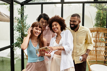 Young friends in stylish outfits happily bonding over a shared experience at an outdoor cafe.