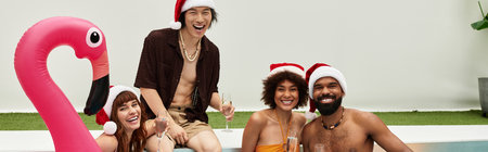 Friends bond together at a lively pool party, celebrating Christmas with joy and laughter.