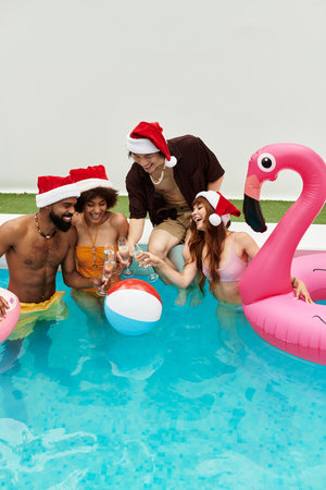 Friends celebrate Christmas at a lively pool party, making stylish memories together.
