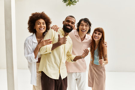 Four young friends are laughing and bonding while sitting in a casual outdoor cafe.