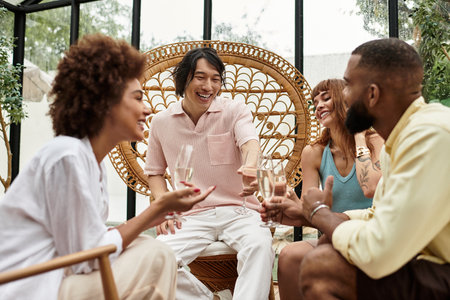 Four friends are laughing and toasting together at a cozy outdoor cafe surrounded by greenery.