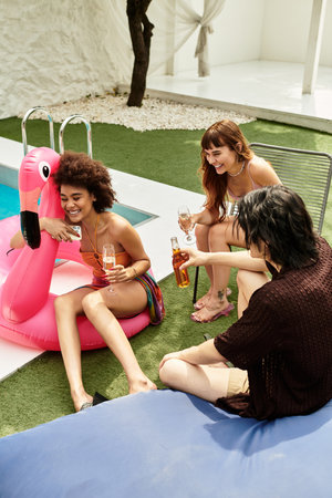 Friends create joyful memories together, relaxing by the pool with drinks and laughter in the sun.の写真素材