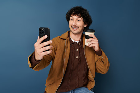Handsome man in a cozy outfit smiles while taking a selfie, holding a coffee cup.