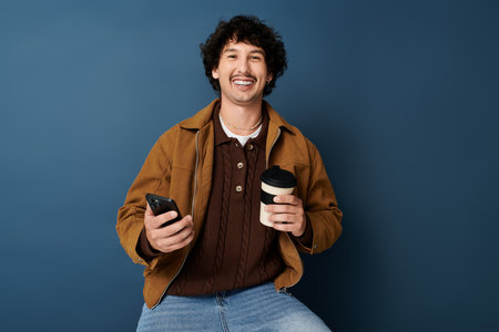 Stylish young man smiles while holding a coffee cup and phone in a modern setting.
