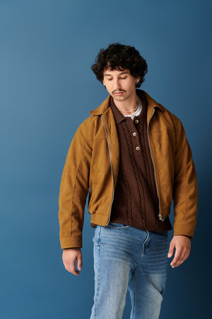A fashionable young man exudes charm in a stylish brown jacket paired with a knitted top.