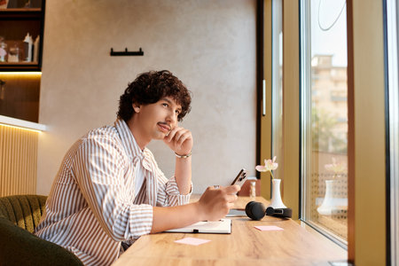 Handsome young man sits at a cafe table, contemplating life while pencil and notepad rest nearby.