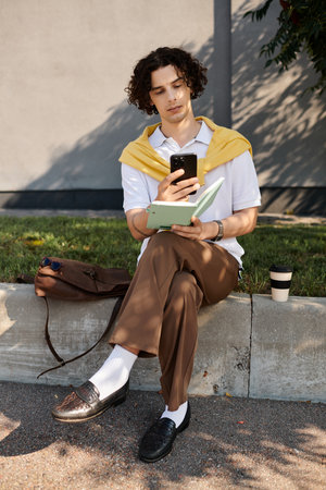 A handsome young man sits on the curb, dressed in chic business clothes, focused on his phone.