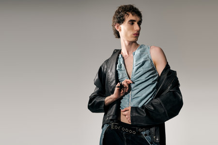 A stylish man confidently showcases his modern outfit in a trendy setting.