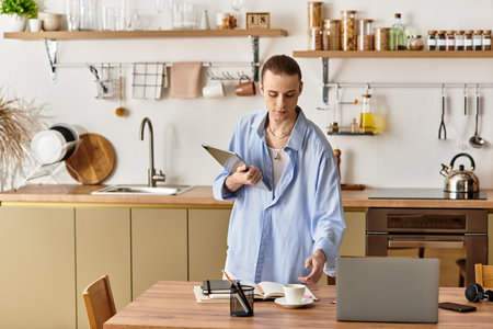 In a modern kitchen, a young man in a blue shirt holds a laptop while reaching for a cup.