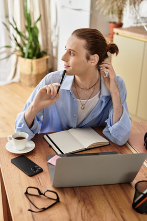 Sitting at a wooden table, a stylish young man brainstorms ideas with a notebook and coffee nearby.