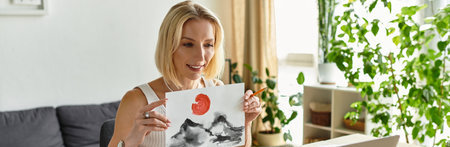 A woman in casual attire enjoys her art as she holds up a vibrant painting in a cozy room.