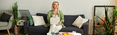 A woman in casual clothes sits on her couch, comfortably using her laptop at home.