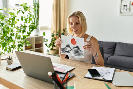 Beautiful woman proudly showcases her artwork while sitting at her cozy desk in a bright room.