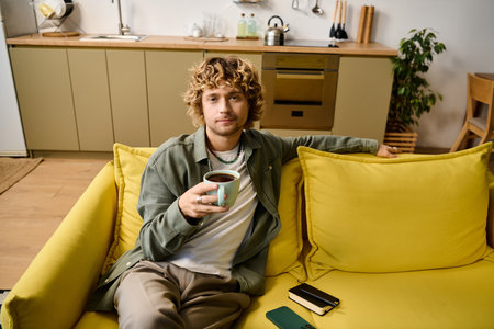 Handsome man in casual attire sits comfortably on a bright yellow sofa, sipping a warm drink.のeditorial素材