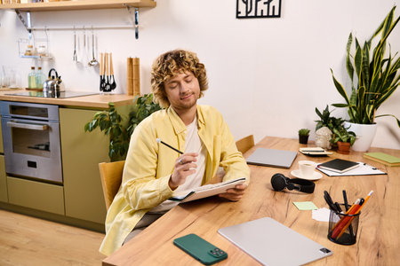 Relaxed man in casual style writes notes while seated at a wooden table in a sunny kitchen.のeditorial素材