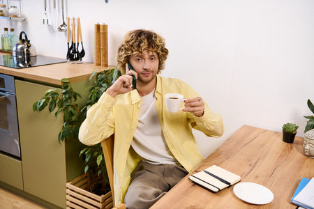 A charming man sips coffee at a wooden table in a cozy kitchen, talking on the phone.のeditorial素材