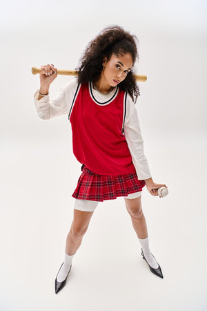 A stylish African American woman poses confidently in trendy autumn sportswear.