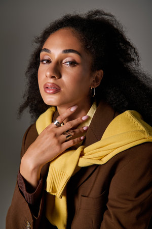 A beautiful African American woman poses in a trendy autumn clothes, radiating style and confidence.