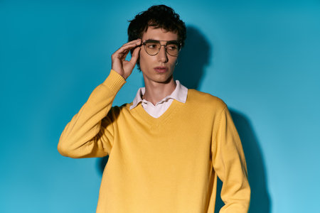 A dapper young man in a yellow sweater poses confidently against a bright blue backdrop.の写真素材