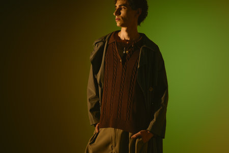 Young man showcases modern fashion in a colorful setting, exuding charm and confidence.のeditorial素材