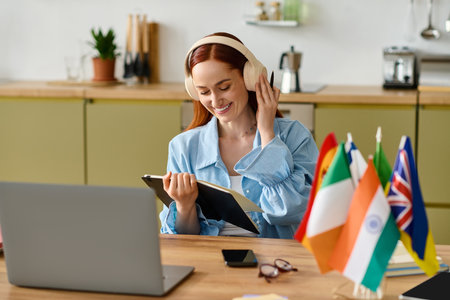 A remote language teacher with red hair happily conducts online classes using her laptop at home.
