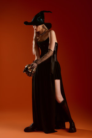 Beautiful young woman wears a stylish witch costume, capturing the essence of Halloween magic.