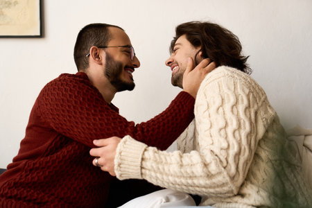Two men share a warm moment at home, surrounded by a festive atmosphere filled with love and joy.