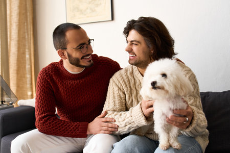 Two men share joy and laughter in a warm, festive atmosphere while cuddling their dog.の写真素材
