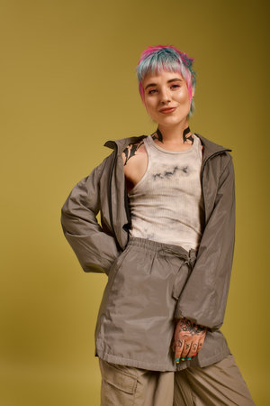 A joyful young woman poses confidently in a studio, sporting vibrant dyed hair and stylish clothing.