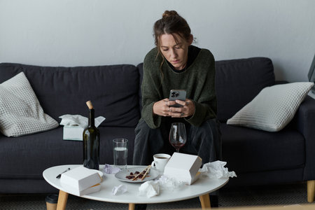 Woman sits on a couch, surrounded by discarded tissues and food containers, lost in thought.のeditorial素材