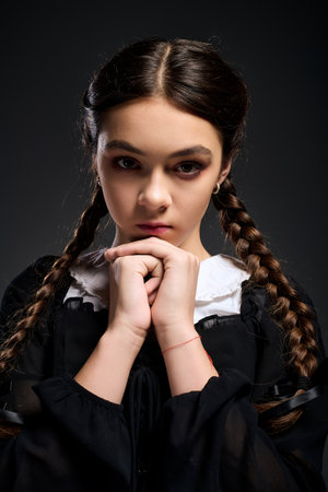 A girl with braids wears a gothic dress, capturing the essence of a Halloween Wednesday character.の写真素材