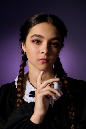 A girl with braids wears a gothic dress, capturing the essence of Halloween and autumn fun.の写真素材