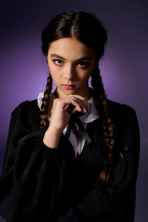 A girl dressed in a gothic-style Wednesday dress strikes a pose, ready for Halloween festivities.の写真素材