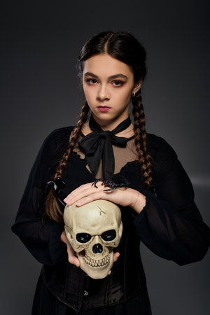 A girl in a gothic dress holds a skull, capturing Halloween and Wednesday spirit.