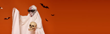 A child in a spooky ghost costume poses with a skull on an orange background, banner