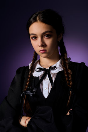 A girl with braids poses in a gothic dress, embodying the character of Wednesday for Halloween.の写真素材