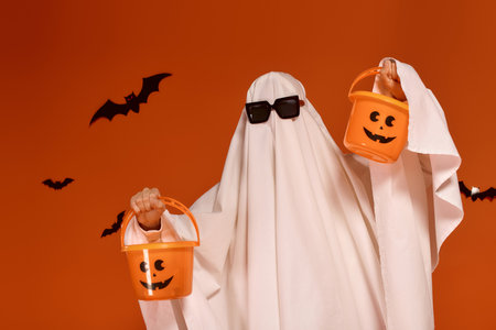A playful child in a ghost costume holds orange candy buckets, celebrating Halloween joyfully.