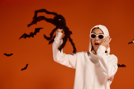A cute child in a white hoodie celebrates Halloween with spooky props on an orange background.の写真素材