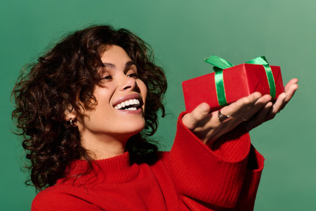 A joyful woman with curly hair holds a wrapped gift, spreading festive excitement.の写真素材